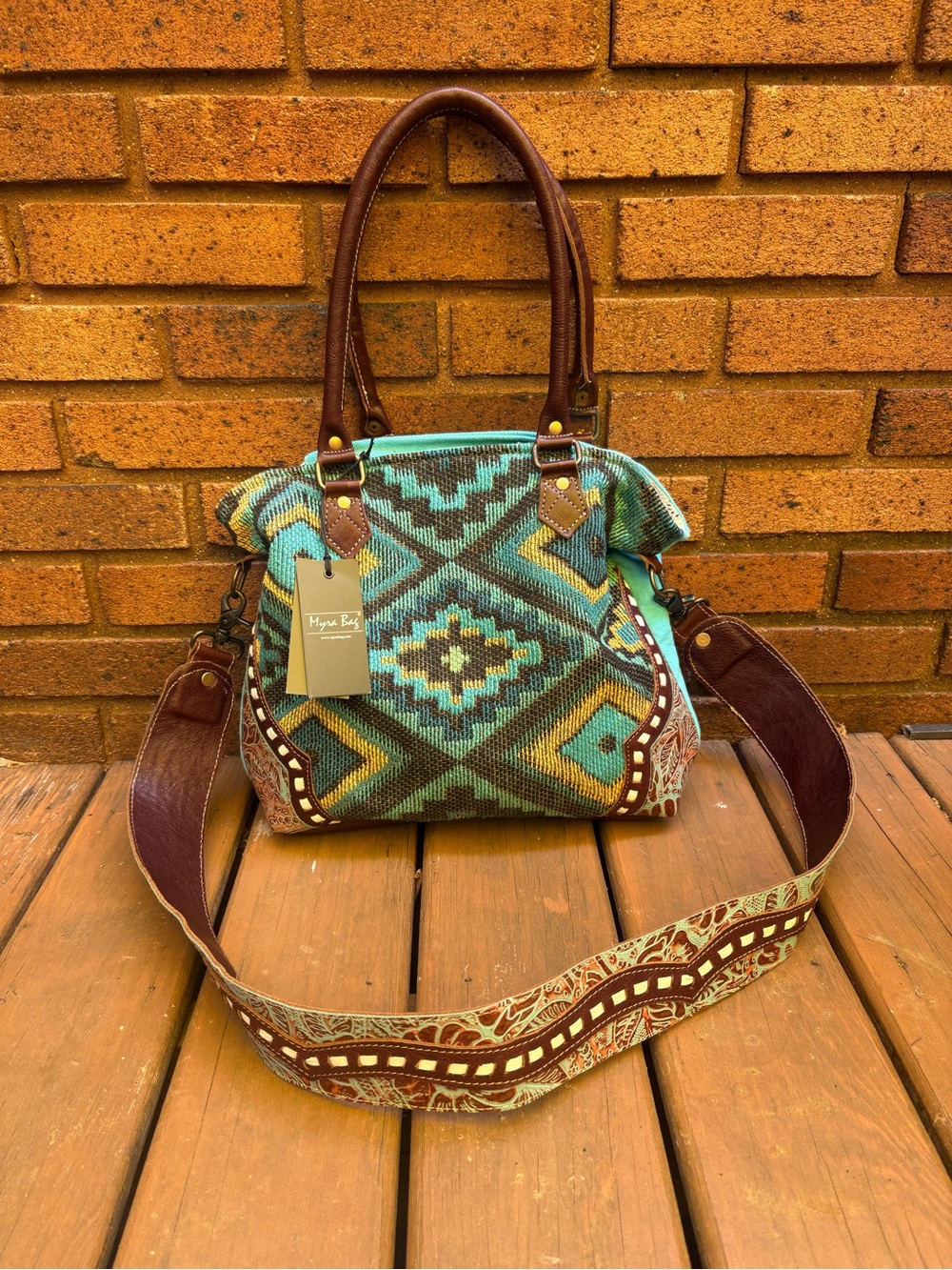Myra Bag Aztec Pattern Leather-Trim Tote Bag in Turquoise & Brown